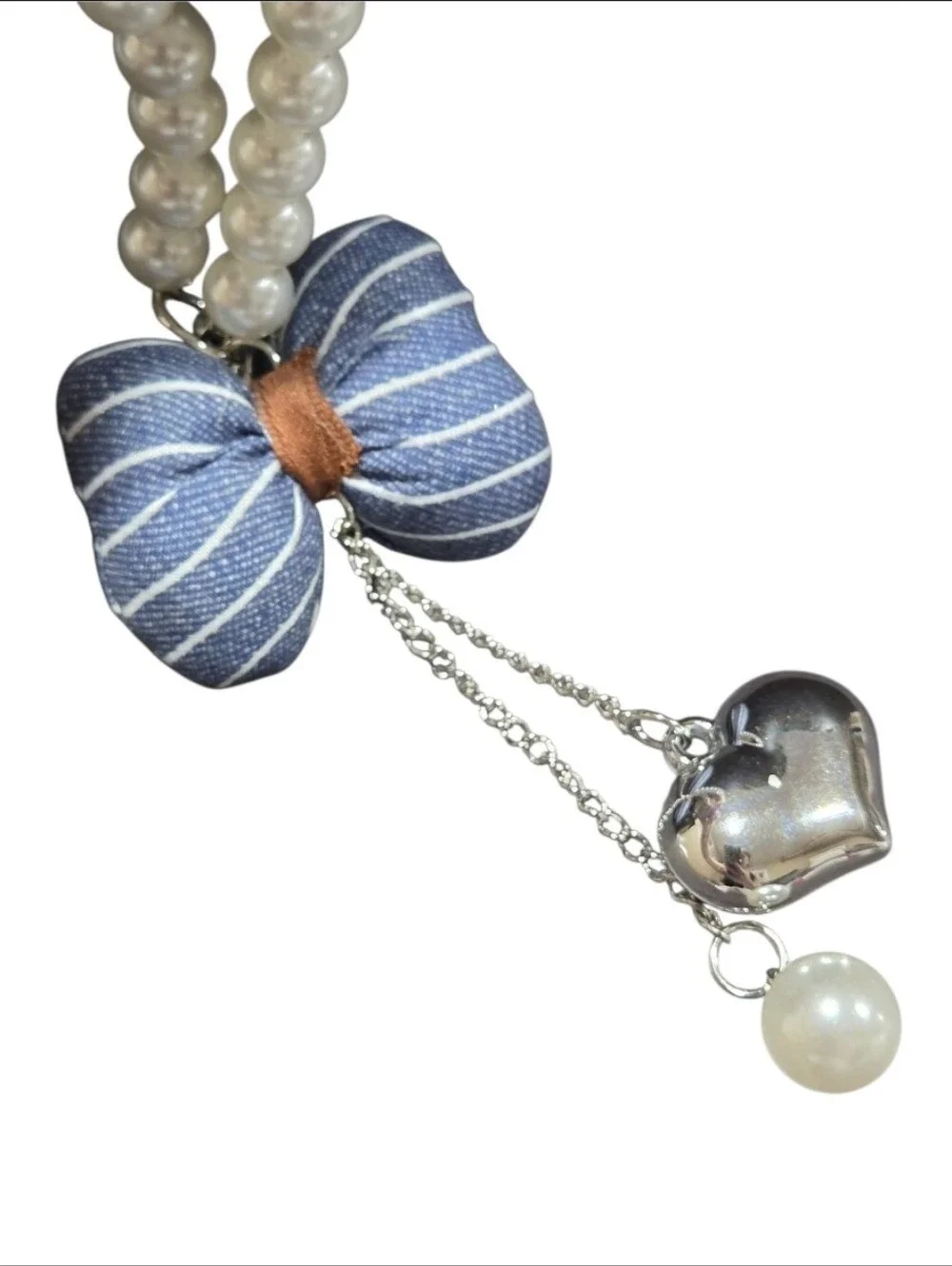 Pearl Loop Keychain with Blue Striped Bow and Silver Heart Charm